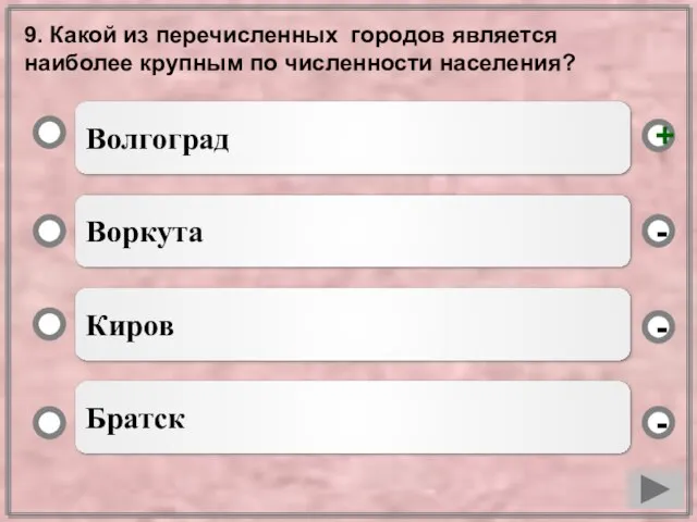 9. Какой из перечисленных городов является наиболее крупным по численности населения? Волгоград