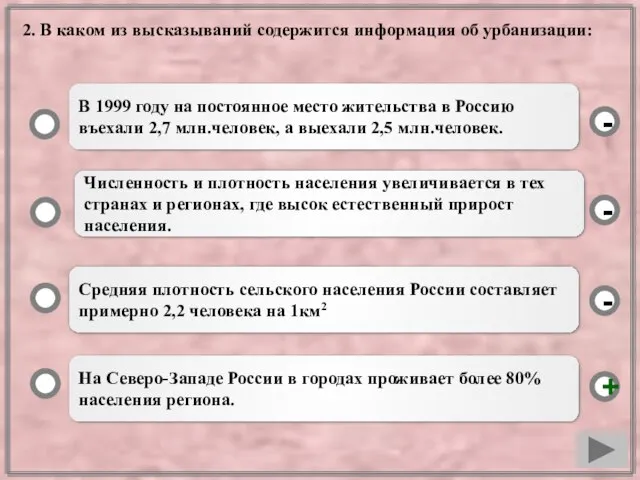 2. В каком из высказываний содержится информация об урбанизации: На Северо-Западе России