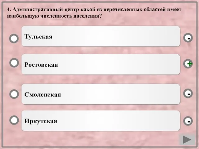 4. Административный центр какой из перечисленных областей имеет наибольшую численность населения? Ростовская