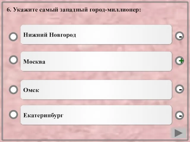 6. Укажите самый западный город-миллионер: Москва Омск Екатеринбург Нижний Новгород - - + -