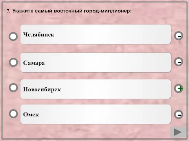 7. Укажите самый восточный город-миллионер: Новосибирск Самара Омск Челябинск - - + -