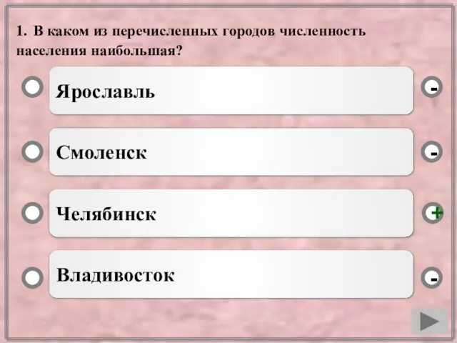 1. В каком из перечисленных городов численность населения наибольшая? Ярославль Смоленск Челябинск