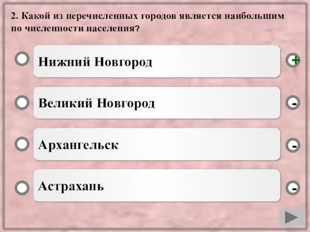 2. Какой из перечисленных городов является наибольшим по численности населения? Нижний Новгород