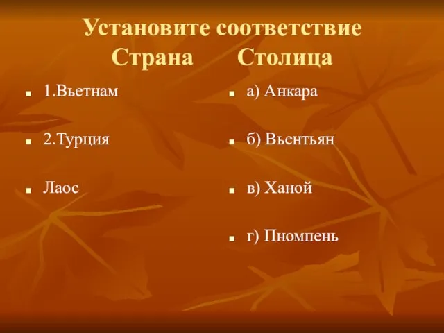 Установите соответствие Страна Столица 1.Вьетнам 2.Турция Лаос а) Анкара б) Вьентьян в) Ханой г) Пномпень