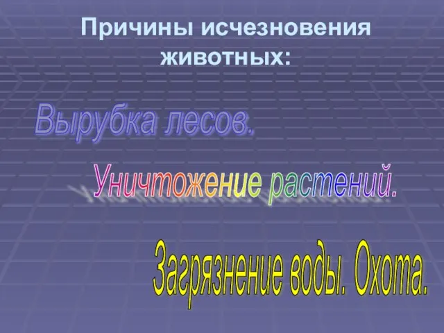 Причины исчезновения животных: Вырубка лесов. Уничтожение растений. Загрязнение воды. Охота.