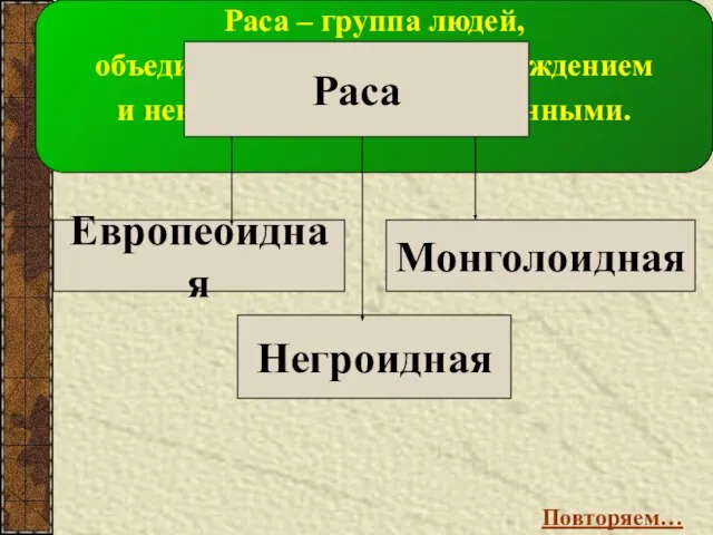 Европеоидная Негроидная Монголоидная Раса – группа людей, объединённых общим происхождением и некоторыми внешними данными. Раса Повторяем…