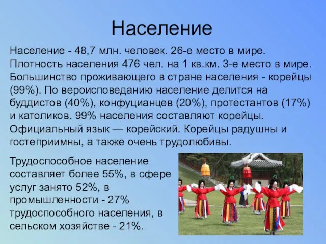 Население Население - 48,7 млн. человек. 26-е место в мире. Плотность населения