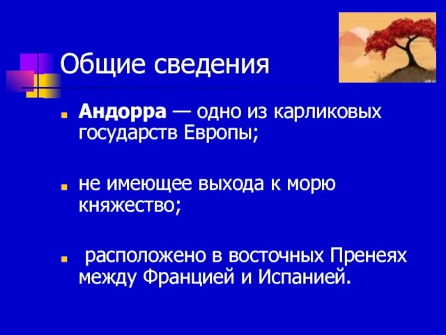 Общие сведения Андорра — одно из карликовых государств Европы; не имеющее выхода