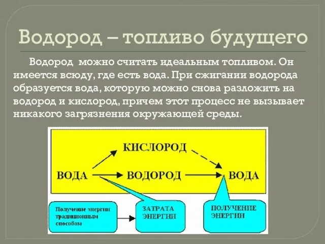 Водород – топливо будущего Водород можно считать идеальным топливом. Он имеется всюду,