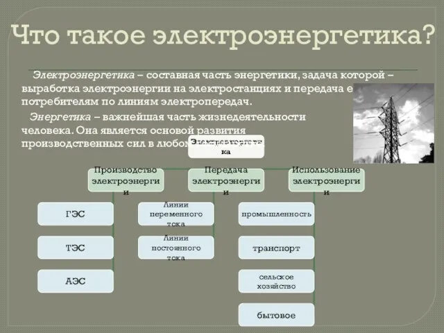 Что такое электроэнергетика? Электроэнергетика – составная часть энергетики, задача которой – выработка