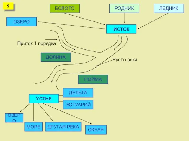 ОЗЕРО БОЛОТО РОДНИК ЛЕДНИК ИСТОК Русло реки Приток 1 порядка ДОЛИНА ПОЙМА