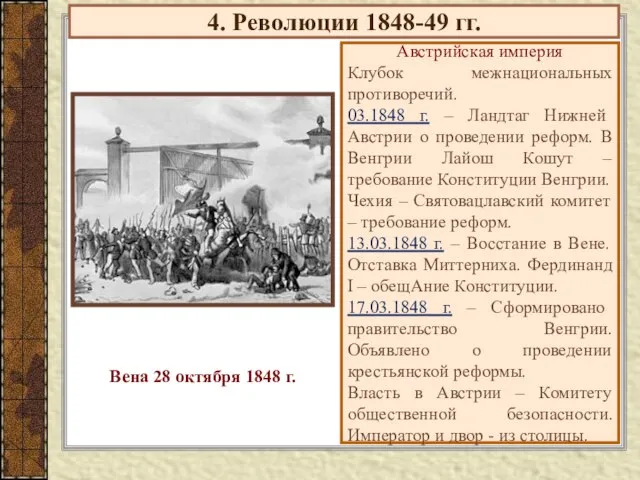 4. Революции 1848-49 гг. Австрийская империя Клубок межнациональных противоречий. 03.1848 г. –