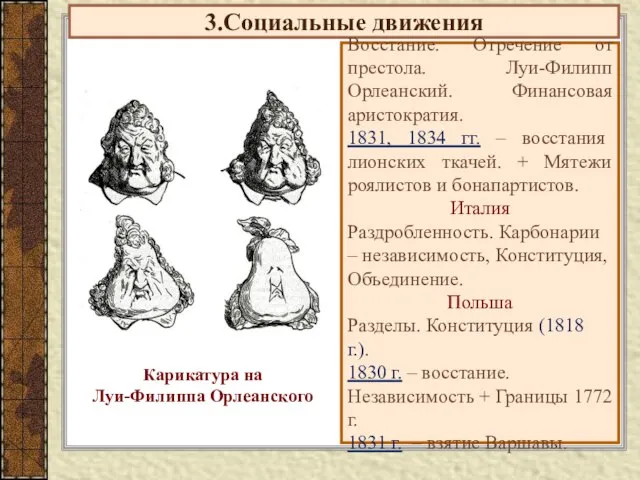 3.Социальные движения Восстание. Отречение от престола. Луи-Филипп Орлеанский. Финансовая аристократия. 1831, 1834