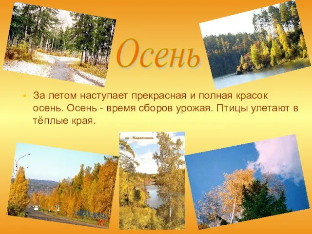 За летом наступает прекрасная и полная красок осень. Осень - время сборов