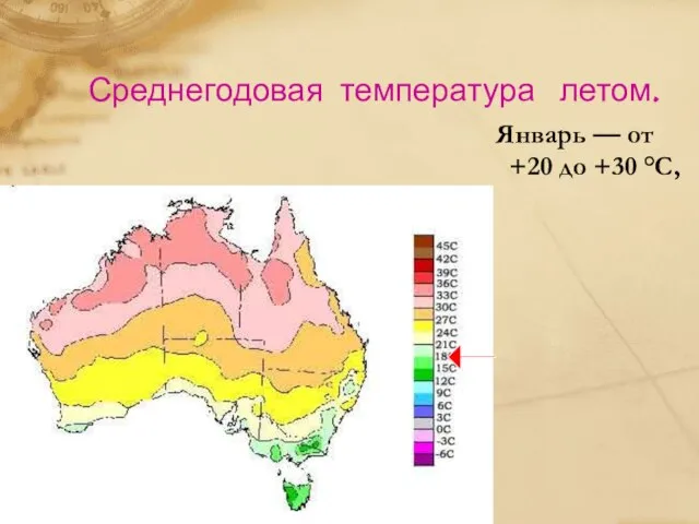 Среднегодовая температура летом. Январь — от +20 до +30 °C,