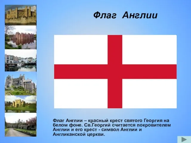 Флаг Англии Флаг Англии – красный крест святого Георгия на белом фоне.