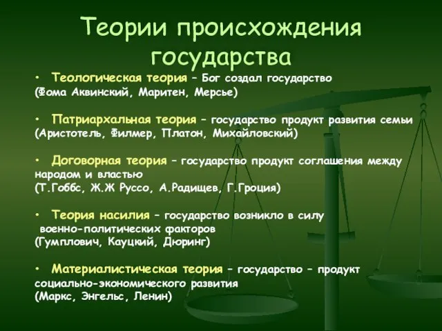 Теории происхождения государства Теологическая теория – Бог создал государство (Фома Аквинский, Маритен,