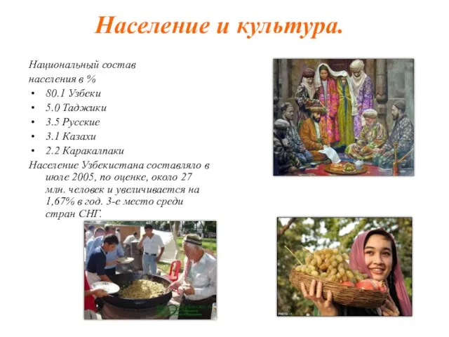 Население и культура. Национальный состав населения в % 80.1 Узбеки 5.0 Таджики