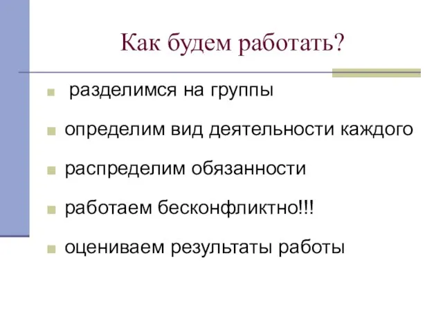 Как будем работать? разделимся на группы определим вид деятельности каждого распределим обязанности