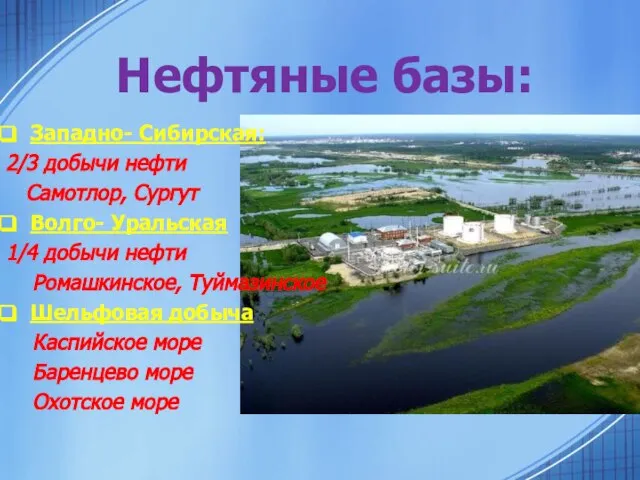 Нефтяные базы: Западно- Сибирская: 2/3 добычи нефти Самотлор, Сургут Волго- Уральская 1/4