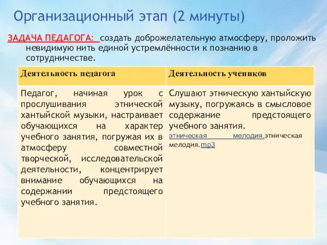 Организационный этап (2 минуты) ЗАДАЧА ПЕДАГОГА: создать доброжелательную атмосферу, проложить невидимую нить