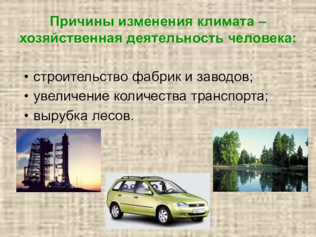 Причины изменения климата – хозяйственная деятельность человека: строительство фабрик и заводов; увеличение количества транспорта; вырубка лесов.