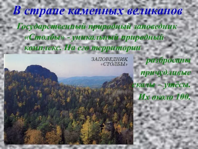 В стране каменных великанов Государственный природный заповедник «Столбы» - уникальный природный комплекс.