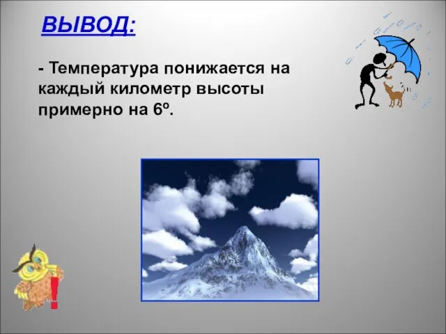 ВЫВОД: - Температура понижается на каждый километр высоты примерно на 6º.