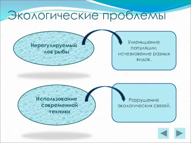 Разрушение экологических связей. Уменьшение популяции, исчезновение разных видов. Экологические проблемы Нерегулируемый лов рыбы Использование современной техники