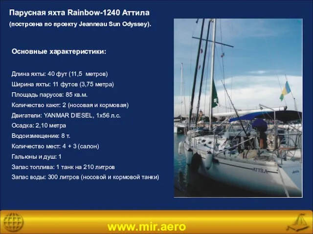 www.mir.aero Основные характеристики: Длина яхты: 40 фут (11,5 метров) Ширина яхты: 11