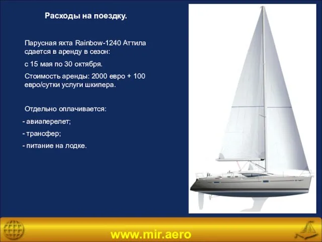 www.mir.aero Расходы на поездку. Парусная яхта Rainbow-1240 Аттила сдается в аренду в