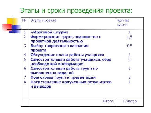 Этапы и сроки проведения проекта: