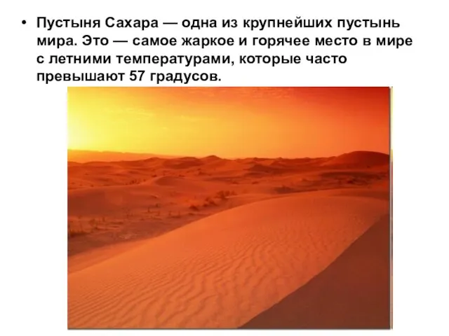Пустыня Сахара — одна из крупнейших пустынь мира. Это — самое жаркое