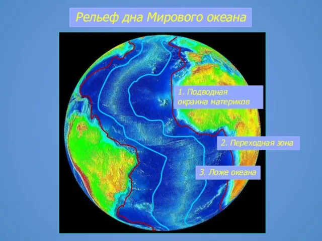 Рельеф дна Мирового океана 1. Подводная окраина материков 3. Ложе океана 2. Переходная зона