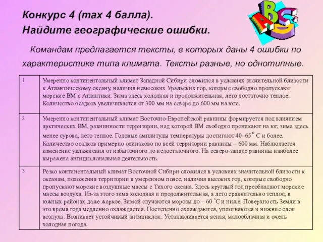 Конкурс 4 (max 4 балла). Найдите географические ошибки. Командам предлагается тексты, в