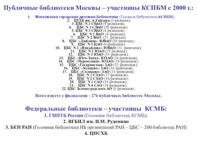 Публичные библиотеки Москвы – участницы КСПБМ с 2000 г.: 1. Московская городская