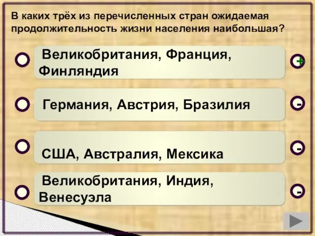 В каких трёх из перечисленных стран ожидаемая продолжительность жизни населения наибольшая? Великобритания,