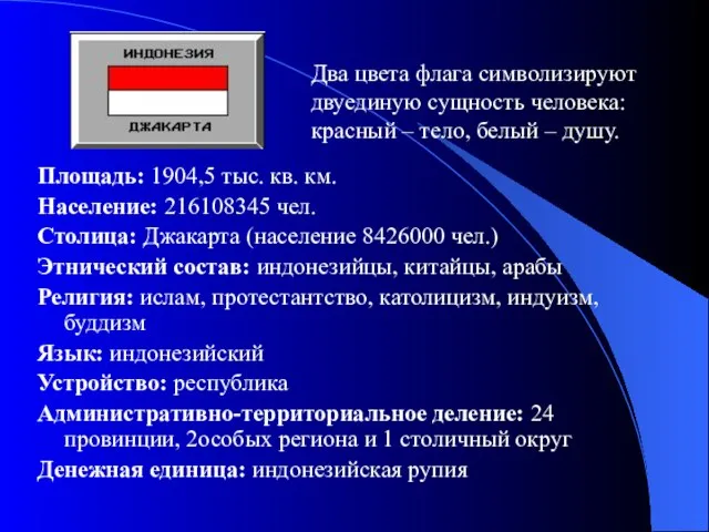 Площадь: 1904,5 тыс. кв. км. Население: 216108345 чел. Столица: Джакарта (население 8426000