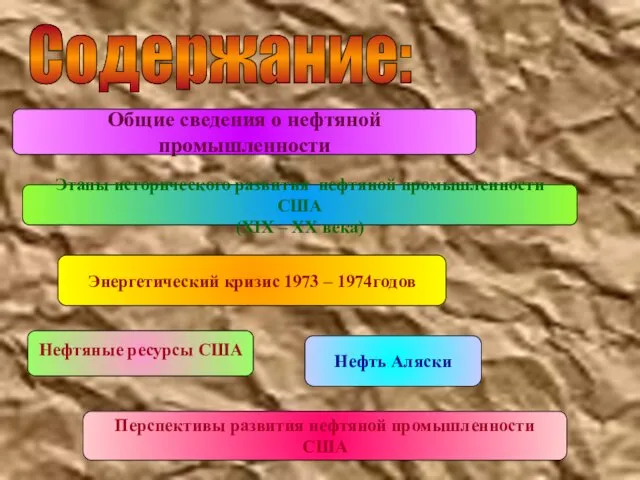 Содержание: Общие сведения о нефтяной промышленности Энергетический кризис 1973 – 1974годов Нефть