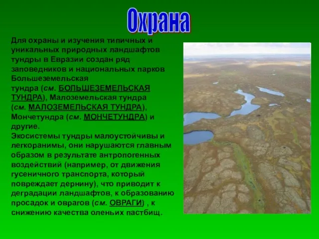 Охрана Для охраны и изучения типичных и уникальных природных ландшафтов тундры в