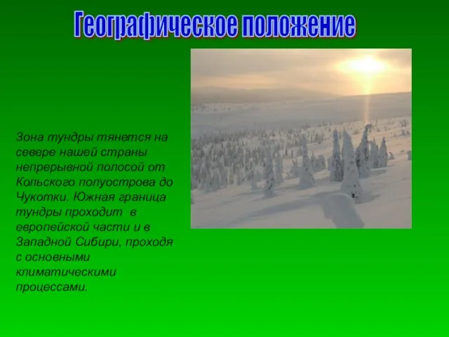 Географическое положение Зона тундры тянется на севере нашей страны непрерывной полосой от