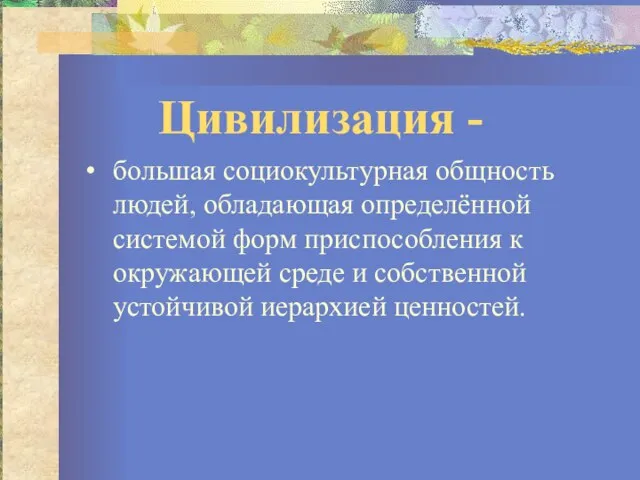 большая социокультурная общность людей, обладающая определённой системой форм приспособления к окружающей среде