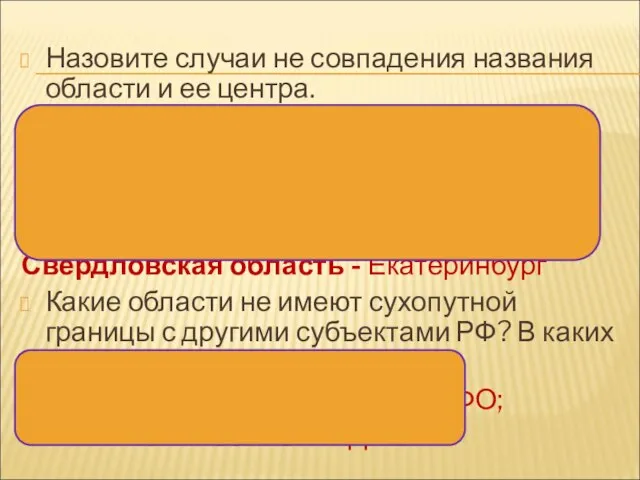 Назовите случаи не совпадения названия области и ее центра. Ленинградская область –