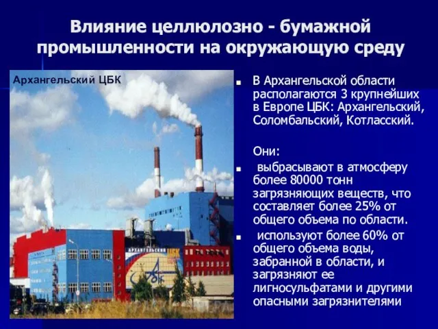 Влияние целлюлозно - бумажной промышленности на окружающую среду В Архангельской области располагаются