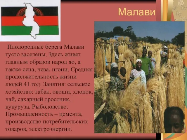 Малави Плодородные берега Малави густо заселены. Здесь живет главным образов народ яо,