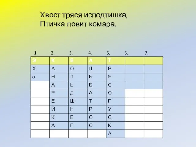 1. 2. 3. 4. 5. 6. 7. Хвост тряся исподтишка, Птичка ловит комара.