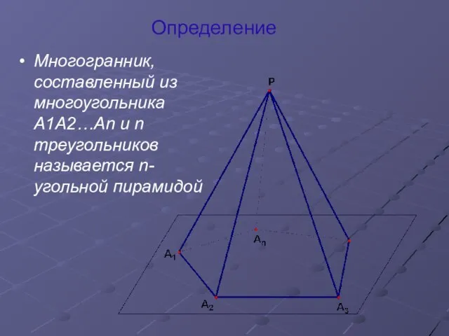 Определение Многогранник, составленный из многоугольника A1A2…An и n треугольников называется n-угольной пирамидой