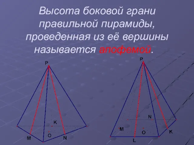 Высота боковой грани правильной пирамиды, проведенная из её вершины называется апофемой.