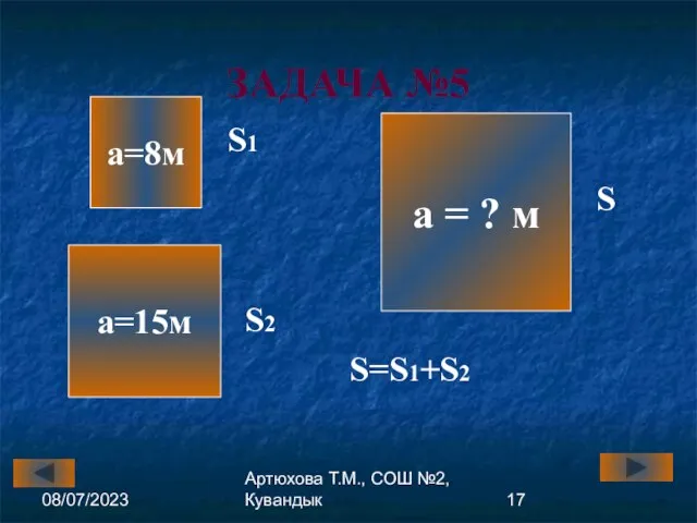 08/07/2023 Артюхова Т.М., СОШ №2, Кувандык ЗАДАЧА №5 а=8м а=15м а =