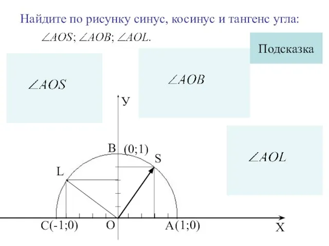 Найдите по рисунку синус, косинус и тангенс угла: L S А С Подсказка В